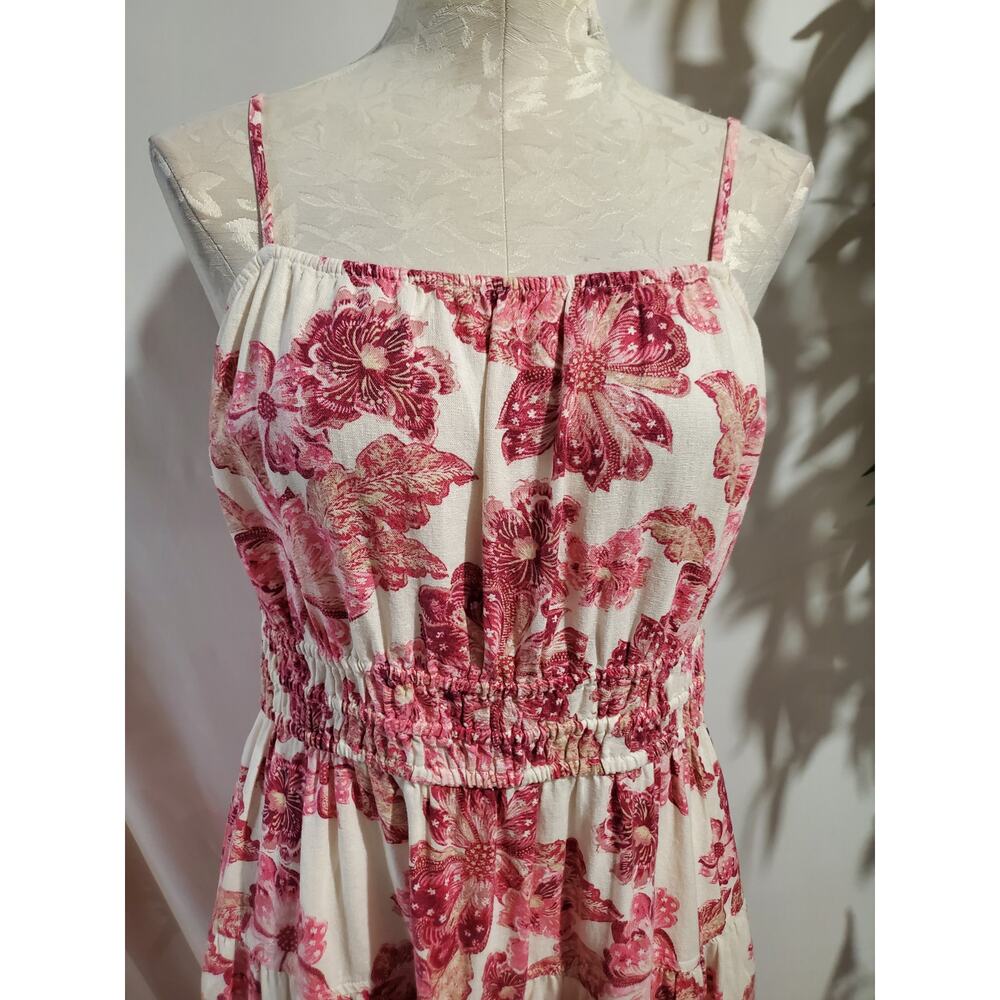 Old Navy Cami Smocked Tiered Floral Linen Blend Maxi Dress Size L Pockets Summer - Picture 5 of 13
